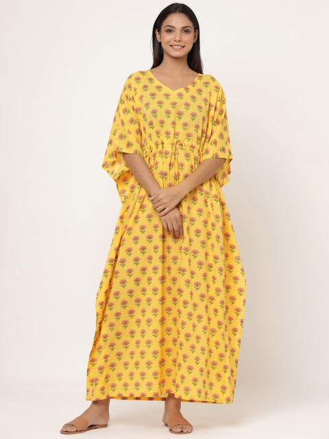 

JISORA Mustard Printed Pure Cotton Maxi Nightdress