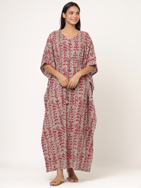 

JISORA Grey Printed Maxi Pure Cotton Nightdress