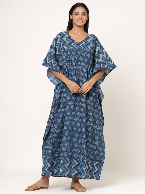 

JISORA Women Blue Ethnic Motifs Printed Pure Cotton Kaftan Maxi Nightdress