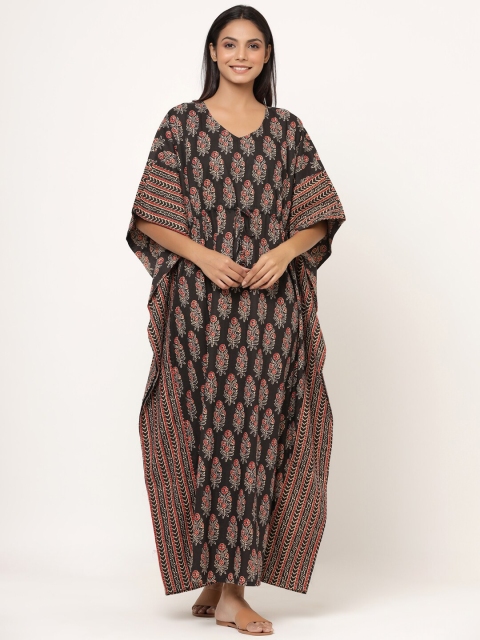 

JISORA Black Printed Pure Cotton Kaftan Maxi Nightdress