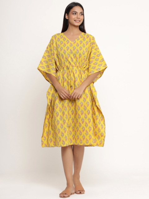 

JISORA Yellow Printed Pure Cotton Nightdress
