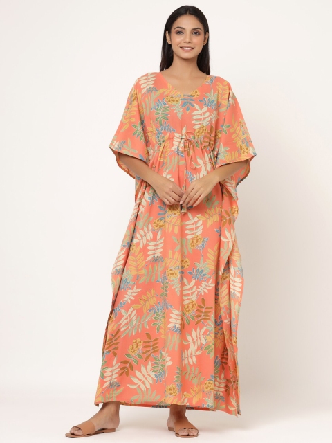 

JISORA Peach-Coloured Printed Maxi Kaftan Nightdress