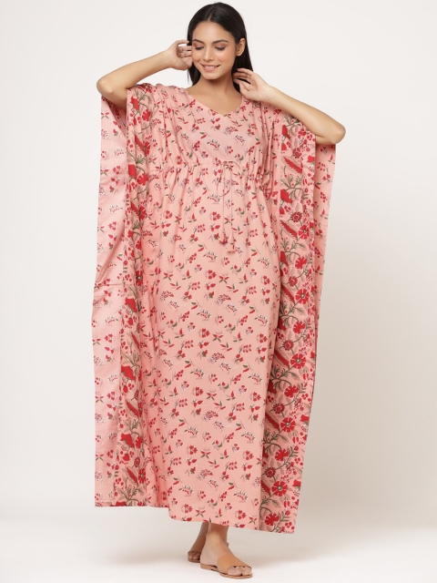 

JISORA Pink Printed Maxi Kaftan Nightdress