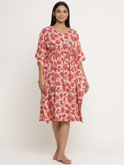 

JISORA Women Peach Printed Floral Printed Pure Cotton Kaftan Nightdress