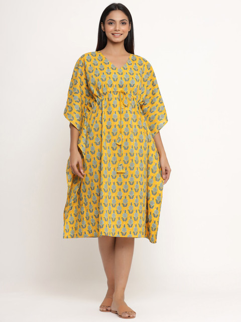 

JISORA Yellow Printed Pure Cotton Kaftan Nightdress