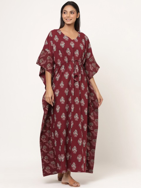 

JISORA Maroon Printed Cotton Maxi Kaftan Nightdress
