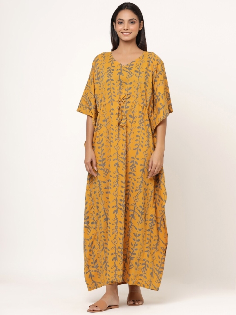 

JISORA Grey Printed Pure Cotton Maxi Nightdress