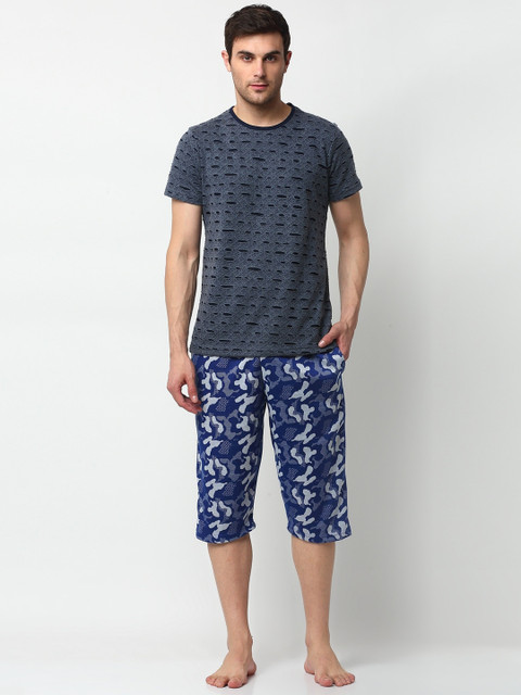 

Vimal Jonney Men Navy Blue & Grey Printed Cotton Blend Night Suit
