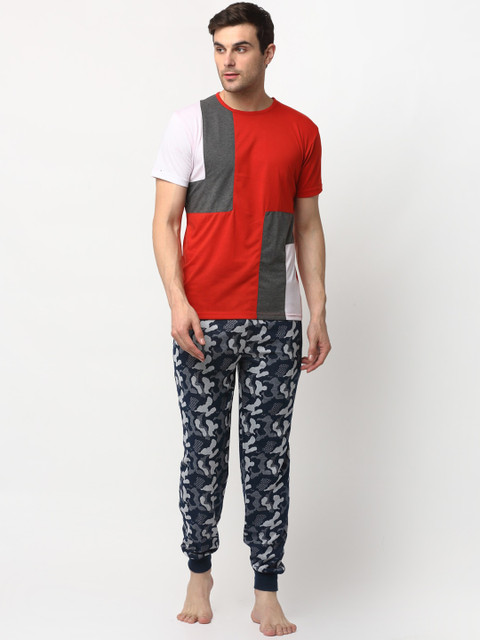 

VIMAL JONNEY Men Red & Navy Blue Colourblocked Night suit