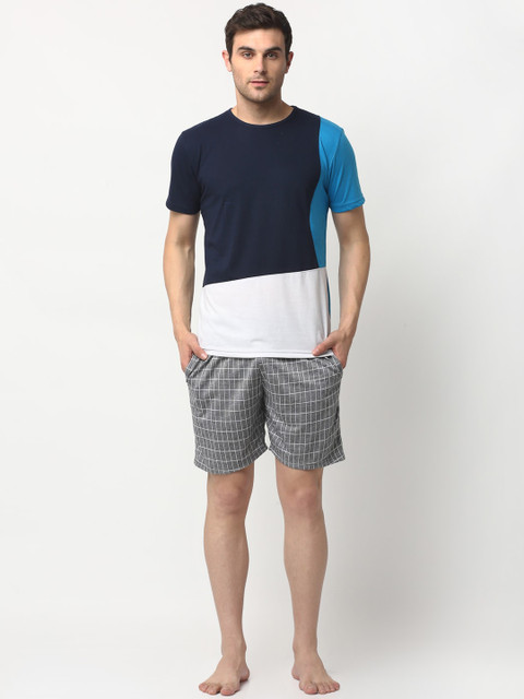 

VIMAL JONNEY Men Navy Blue & White Colourblocked Night suit
