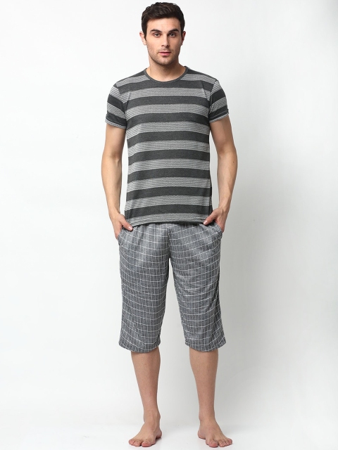 

VIMAL JONNEY Men Grey Striped Cotton Blend Night Suit