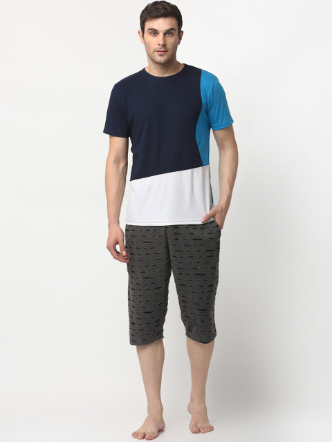 

VIMAL JONNEY Men Blue & Charcoal Grey Colourblocked Cotton Night Suit