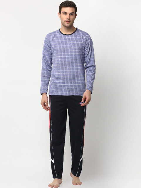 

VIMAL JONNEY Men Navy Blue & White Checked Night Suit