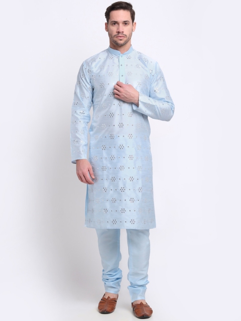

KRAFT INDIA Men Blue Ethnic Motifs Embroidered Regular Mirror Work Kurta with Churidar