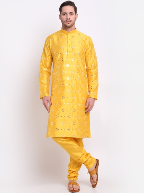 

KRAFT INDIA Men Yellow Regular Mirror Work Kurta with Churidar