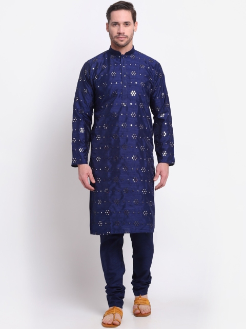 

KRAFT INDIA Men Navy Blue Floral Embroidered Mirror Work Kurta with Pyjamas