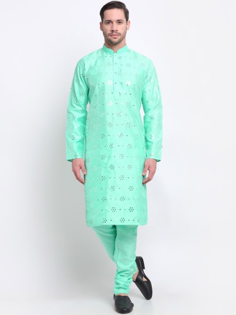 

KRAFT INDIA Men Green Floral Embroidered Mirror Work Kurta with Churidar