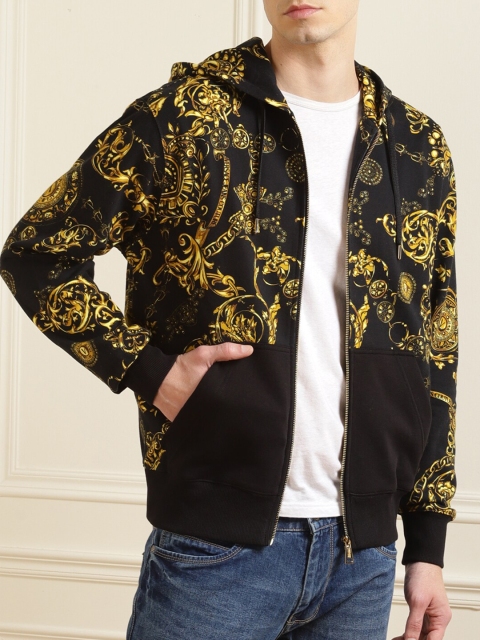 

Versace Jeans Couture Men Black & Gold-Toned Floral Lightweight Hooded Bomber Jacket