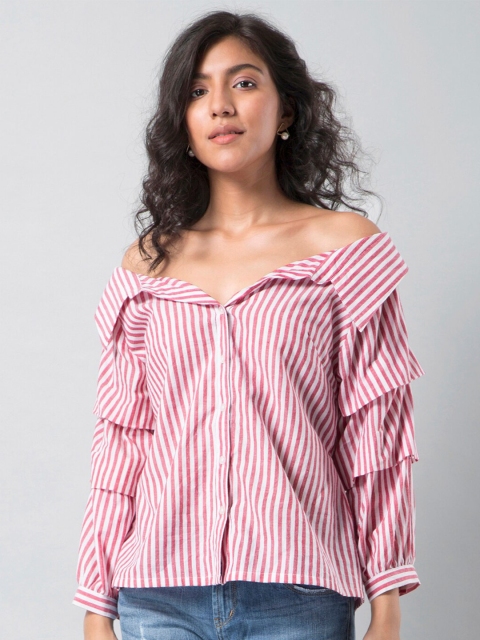 

FabAlley Red & White Striped Off-Shoulder With Layered Sleeve Top