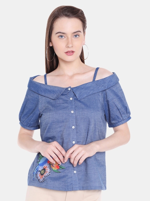 

109F Blue & Green Applique Shirt Style Top