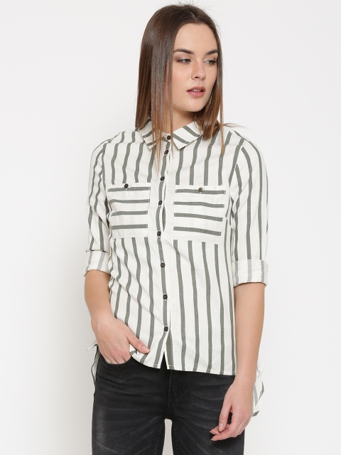 

Vero Moda Women Off-white & Black Regular Fit Striped Casual Shirt