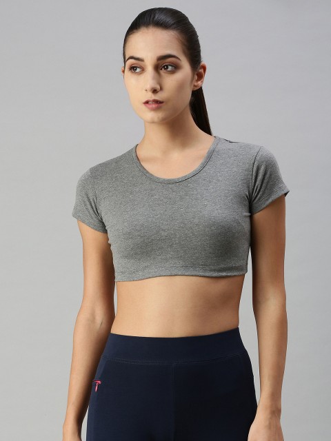 

De Moza Women Charcoal Colourblocked Pockets Slim Fit Training or Gym T-shirt