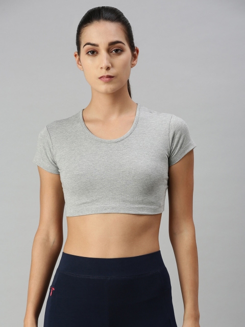 

De Moza Women Grey Melange Colourblocked Pockets Slim Fit Training or Gym T-shirt