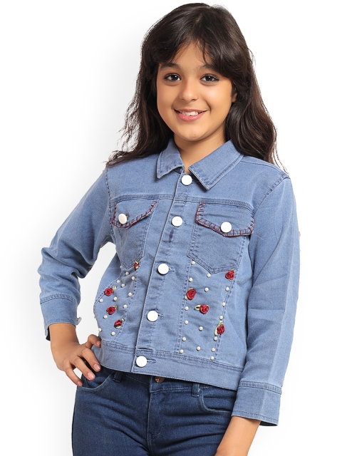 

Ishin Girls Blue Red Washed Crop Denim Jacket with Patchwork