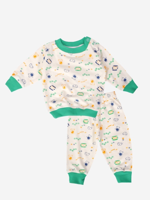 

Chipbeys Kids Off White & Green Printed Pure Cotton T-shirt with Pyjamas