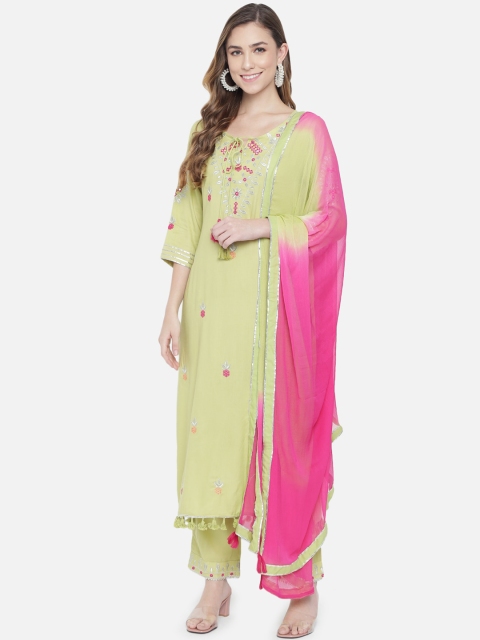 

Prakhya Women Green Ethnic Motifs Embroidered Regular Thread Work Kurta with Palazzos & With Dupatta