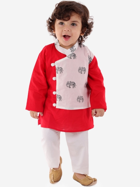 

KID1 Boys White Ethnic Motifs Angrakha Pure Cotton Kurta with Pyjamas