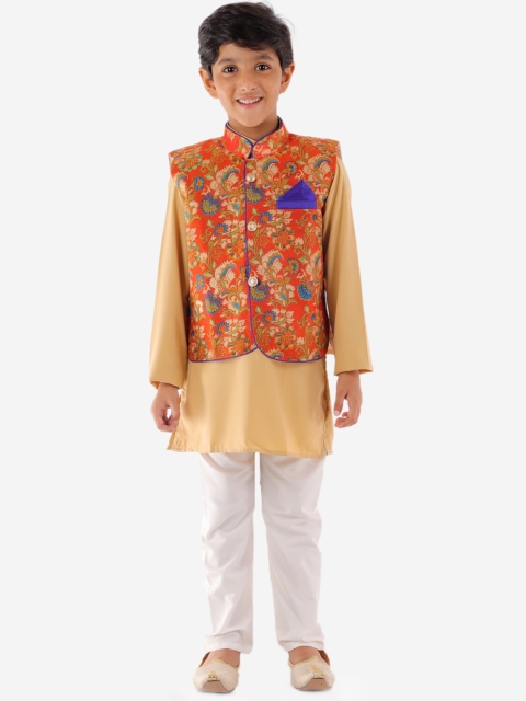 

KID1 Boys Orange Floral Silk Kurta with Pyjamas & Jacket