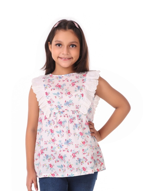 

Miyo Girls White & Pink Floral Ruffles Pure Cotton A-Line Top
