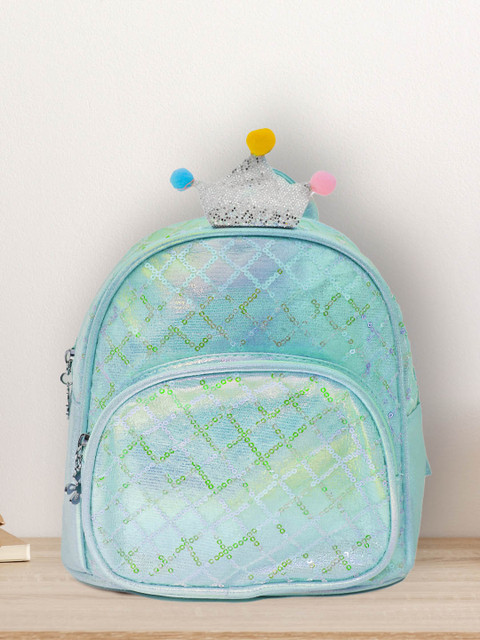 

POPLINS Unisex Kids Turquoise Blue Geometric Backpack With Shiny Crown