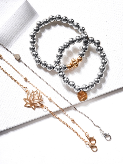 

ToniQ Women Set Of 5 Gold & Silver-Toned Beaded Layered Charm Bracelets