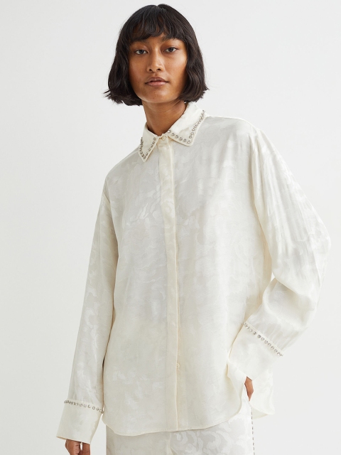 

H&M Women White Rhinestone-embellished jacquard-weave shirt