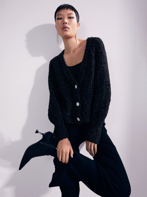 

H&M Women Black Rib-Knit Cardigan