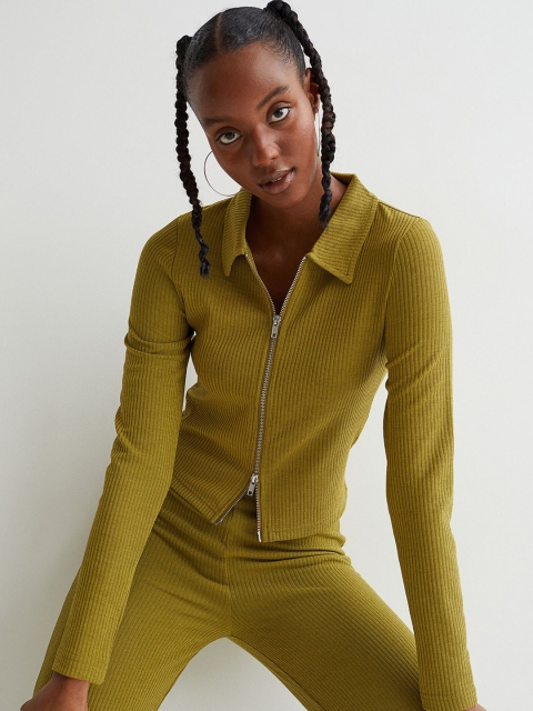

H&M Women Olive Green Cardigan with Zip Detail