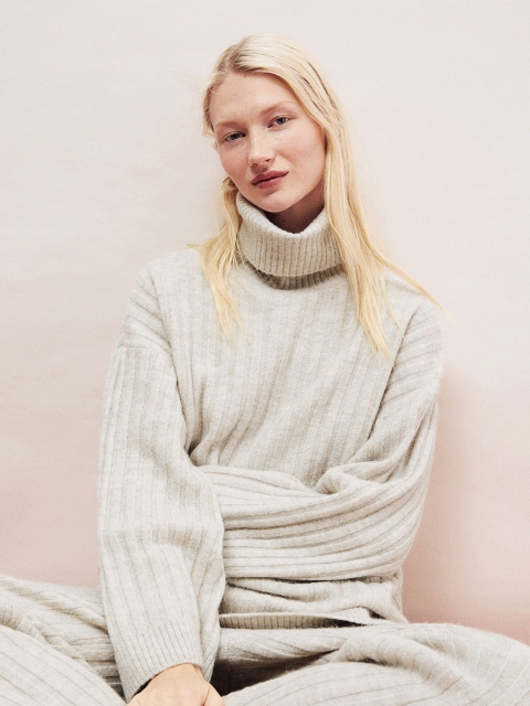

H&M Women Beige Rib Knit Polo Neck Jumper