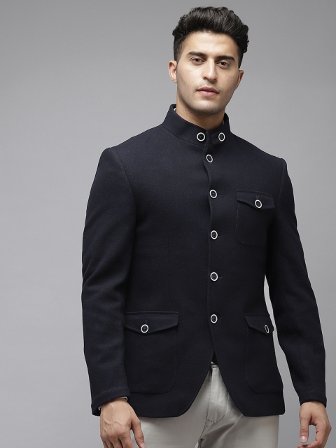 

Blackberrys Men Navy Blue Solid Mandarin Collar Single Breasted Blazer