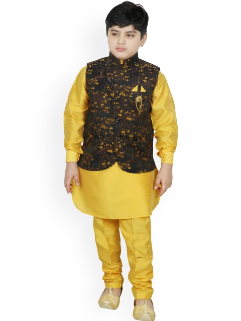 

SG YUVRAJ Boys Yellow Regular Raw Silk Kurta with Churidar & Nehru Jacket