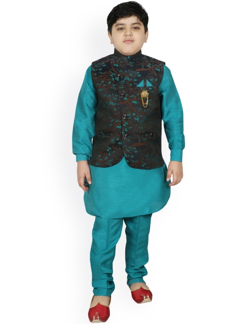 

SG YUVRAJ Boys Teal Regular Raw Silk Kurta with Churidar & Jacket