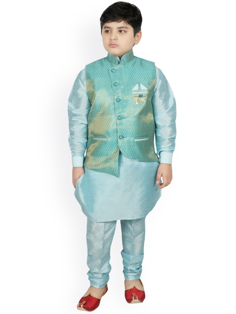

SG YUVRAJ Boys Turquoise Blue Regular Raw Silk Kurta with Pyjamas & Jacket