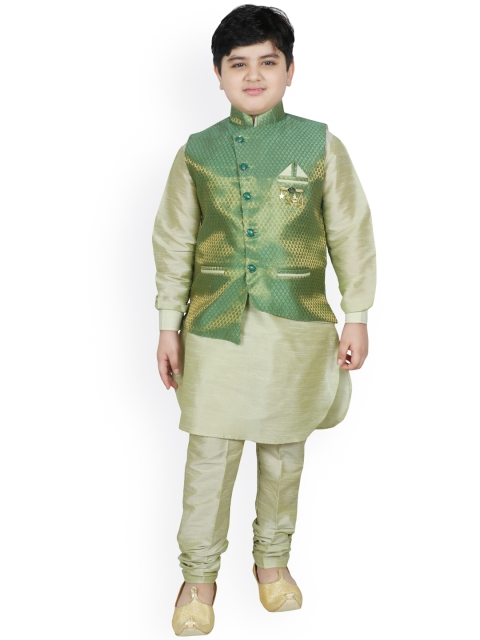 

SG YUVRAJ Boys Green Regular Raw Silk Kurta with Churidar & Nehru Jacket
