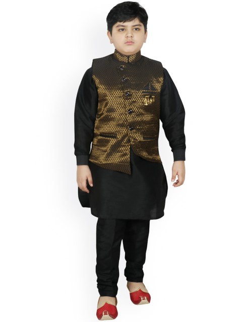 

SG YUVRAJ Boys Black Regular Raw Silk Kurta with Churidar & Nehru Jacket