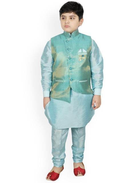 

SG YUVRAJ Boys Turquoise Blue Regular Raw Silk Kurta with Churidar & Jacket