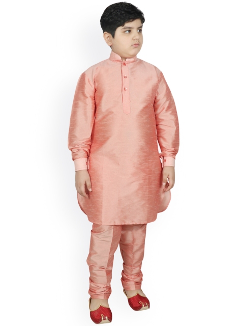 

SG YUVRAJ Boys Pink Layered Raw Silk Kurta with Churidar With Nehru Jacket