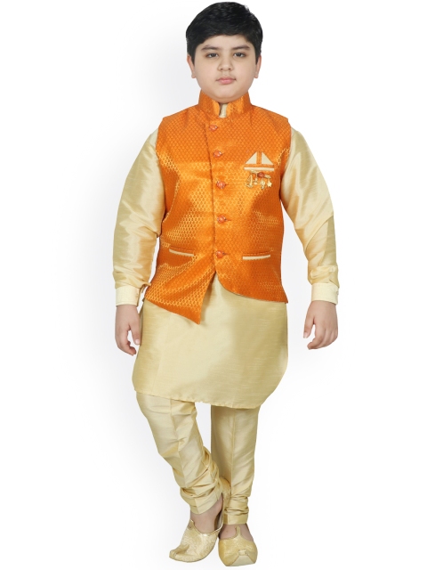 

SG YUVRAJ Boys Orange Layered Raw Silk Kurta with Churidar