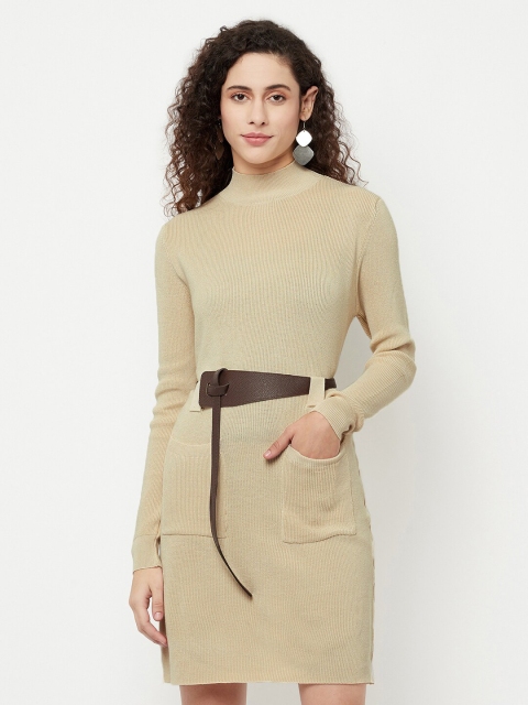 

iki chic Women Khaki Leather Belted Sweater Dress