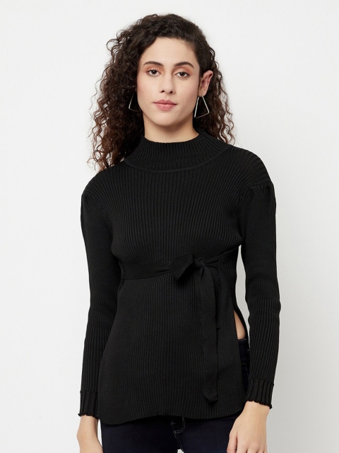

iki chic Women Black Turtle Neck Cardigan with Belted Detail